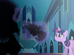 Size: 2048x1536 | Tagged: artist needed, safe, nightmare moon, spike, twilight sparkle, twilight sparkle (alicorn), alicorn, dragon, pony, the cutie re-mark, alternate ending, alternate timeline, bad end, chains, crying, dark, scene interpretation