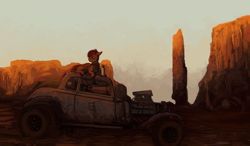 Size: 2400x1400 | Tagged: safe, artist:celestiawept, scootaloo, car, chevrolet, desert, hot rod, looking away, lying down, mad max, mad max fury road, neckerchief, scenery, solo, supercharger