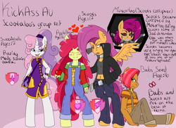 Size: 1969x1435 | Tagged: safe, artist:reneesdetermination, apple bloom, babs seed, scootaloo, sweetie belle, oc, oc:moterloo, anthro, unguligrade anthro, cutie mark crusaders, nail polish, ow the edge, piercing