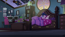 Size: 1280x720 | Tagged: safe, screencap, sci-twi, spike, spike the regular dog, twilight sparkle, dog, equestria girls, legend of everfree, bed, bedroom, sleeping