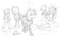 Size: 1500x900 | Tagged: safe, artist:celestiawept, oc, oc only, oc:blackjack, oc:morning glory (project horizons), oc:p-21, oc:rampage, pony, unicorn, fallout equestria, fallout equestria: project horizons, monochrome, sketch