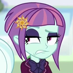 Size: 336x336 | Tagged: safe, screencap, sugarcoat, sunny flare, dance magic, equestria girls, spoiler:eqg specials, clothes, cropped, crystal prep academy uniform, disgusted, female, reaction image, school uniform, solo focus