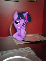 Size: 1932x2576 | Tagged: safe, artist:pablomen13, artist:tomfraggle, twilight sparkle, twilight sparkle (alicorn), alicorn, pony, bedroom eyes, chair, female, irl, lidded eyes, mare, photo, plate, ponies in real life, pose, restaurant, solo, table, vector