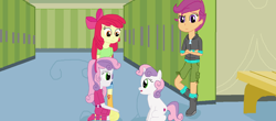 Size: 1600x706 | Tagged: safe, artist:thomaszoey3000, apple bloom, scootaloo, sweetie belle, pony, equestria girls, canterlot high, clothes, cutie mark crusaders, hallway, human ponidox, lockers, self ponidox