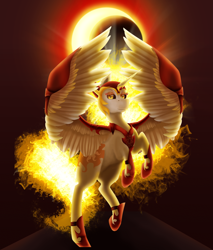 Size: 5161x6044 | Tagged: safe, artist:flashbrush, daybreaker, pony, a royal problem, absurd resolution, crepuscular rays, eclipse, flying, mane of fire, moon, solar eclipse, solo, sun