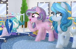 Size: 1024x667 | Tagged: safe, artist:tambelon, oc, oc only, oc:diamond dove, oc:succulent scent, crystal pony, pony, backstage, clothes, dress, dressing room, excited, eyeshadow, female, jewelry, lesbian, makeup, mare, mirror, princess dress, shipping, watermark