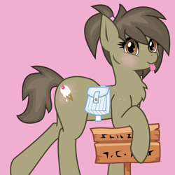 Size: 1000x1000 | Tagged: safe, artist:aaa-its-spook, artist:spook, oc, oc only, oc:sweethooves, earth pony, pony, blushing, brown eyes, brown mane, butt blush, butt freckles, chest fluff, cute, freckles, holding, looking at you, pony town, ponytail, saddle bag, short tail, sign, silly, smiling, solo, tongue out