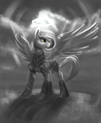 Size: 2000x2443 | Tagged: safe, artist:vell221, oc, oc only, armor, grayscale, monochrome, partial color, solo