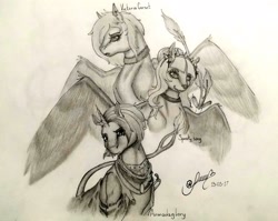 Size: 2308x1836 | Tagged: safe, artist:pantheracantus, oc, oc only, pegasus, pony, unicorn, monochrome, semi-realistic, traditional art