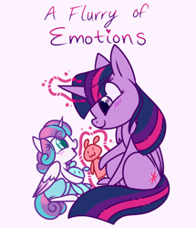 Size: 660x768 | Tagged: safe, artist:esmeia, princess flurry heart, twilight sparkle, twilight sparkle (alicorn), alicorn, pony, a flurry of emotions, aunt and niece, auntie twilight, blushing, diaper, duo, female, filly, magic, mare, plushie, simple background, story included, telekinesis, title card