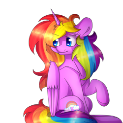 Size: 2000x2000 | Tagged: safe, artist:soundwavepie, oc, oc only, oc:rainbow cloud, alicorn, pony, alicorn oc, colored pupils, female, frown, looking back, mare, raised hoof, simple background, sitting, solo, transparent background, wing fluff