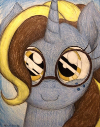 Size: 1060x1344 | Tagged: safe, artist:thefriendlyelephant, oc, oc only, oc:bright idea, pony, unicorn, bust, commission, freckles, glasses, portrait, shiny, solo, traditional art