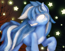 Size: 903x720 | Tagged: safe, artist:kotelen, oc, oc only, oc:aria winter, earth pony, pony, angry, blue, blue and white, digital art, empty eyes, gift art, glowing eyes, night, raised hoof, solo, stars, teeth, tree, white eyes