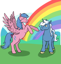 Size: 911x962 | Tagged: safe, artist:quoting_mungo, firefly, pokey pierce, pegasus, pony, unicorn, g1, duo, eyes closed, rainbow, rearing, simple background