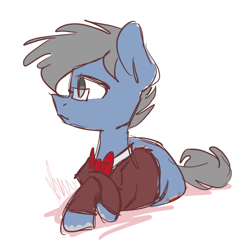 Size: 2048x2048 | Tagged: safe, artist:vanillashineart, oc, oc only, oc:silvershield, pony, bowtie, clothes, glasses, looking away, lying down, solo, sweater