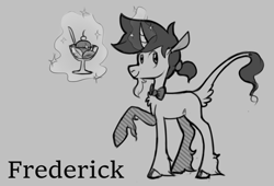 Size: 1237x841 | Tagged: safe, artist:enma-darei, oc, oc only, oc:frederick, classical unicorn, pony, unicorn, beard, cloven hooves, facial hair, food, ice cream, leonine tail, solo, unshorn fetlocks