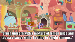 Size: 1280x720 | Tagged: safe, edit, edited screencap, screencap, spike, twilight sparkle, dragon, pony, unicorn, season 1, winter wrap up, bath, bathtub, bee sting, brush, cans, female, fireplace, golden oaks library, image macro, male, meme, ouch, plates, skunk spray, stool, the twilight zone, to serve man, tomato juice, window