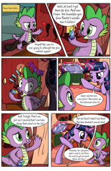 Size: 1750x2700 | Tagged: safe, artist:sirzi, artist:true line translators, spike, twilight sparkle, twilight sparkle (alicorn), alicorn, dragon, pony, comic:talisman for a pony, book, bookshelf, comic, crossover, gem, golden oaks library, jackie chan adventures, magic, telekinesis, this will end in tears and/or death, translation, xk-class end-of-the-world scenario