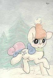 Size: 692x1007 | Tagged: safe, artist:slightlyshade, bon bon, sweetie drops, blushing, clothes, hat, looking at you, scarf, smiling, snow, solo