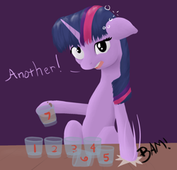 Size: 1280x1226 | Tagged: safe, artist:fimflamfilosophy, twilight sparkle, pony, drinking, drunk, drunk twilight, purple background, simple background, solo