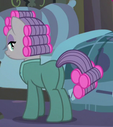 Size: 298x334 | Tagged: safe, screencap, maud pie, pony, rock solid friendship, clothes, cropped, female, footed sleeper, hair curlers, mare, pajamas, plot, solo