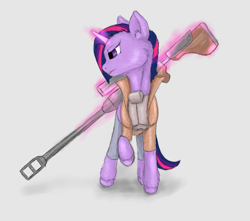 Size: 1086x960 | Tagged: artist needed, safe, twilight sparkle, pony, unicorn, /mlp/, clothes, ear fluff, female, fluffy, glowing horn, gray background, gun, hoof fluff, hooves, horn, levitation, magic, mare, neck fluff, optical sight, rifle, simple background, sniper rifle, telekinesis, weapon