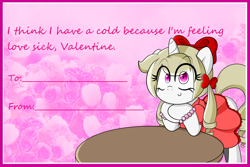 Size: 3000x2000 | Tagged: safe, artist:fullmetalpikmin, oc, oc only, oc:cherry blossom, pony, unicorn, bow, bracelet, clothes, dress, jewelry, solo, tumblr:ask viewing pleasure, valentine's day, valentine's day card