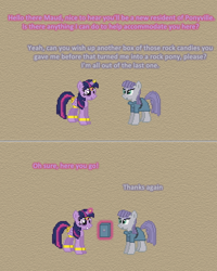 Size: 504x630 | Tagged: safe, artist:verve, maud pie, twilight sparkle, twilight sparkle (alicorn), alicorn, earth pony, pony, rock solid friendship, armband, ask genie twilight, box, candy, comic, female, food, gem, genie, headband, horn ring, jewelry, leg brace, levitation, magic, mare, pixel art, rock candy, telekinesis, wing jewelry