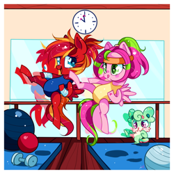 Size: 800x800 | Tagged: safe, artist:ipun, oc, oc only, oc:fire strike, oc:gadget, oc:precious metal, pegasus, pony, ball, bandana, clock, clothes, female, headband, heart eyes, leotard, mare, martial arts, one-piece swimsuit, swimsuit, taekwondo, weights, wingding eyes