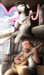 Size: 1700x2900 | Tagged: safe, artist:elmutanto, oc, oc:flying melody, human, pegasus, pony, crossover, duo, duo male, flying v, greg universe, guitar, jamming out, male, steven universe, van