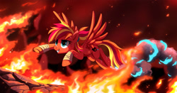 Size: 1375x720 | Tagged: safe, artist:ruhje, oc, oc only, oc:fire strike, pegasus, pony, badass, bandage, commission, female, fire, flying, grin, mare, smiling, solo, spread wings, wings