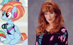 Size: 968x604 | Tagged: safe, edit, edited screencap, screencap, windy whistles, human, pegasus, pony, parental glideance, camera, comparison, cropped, female, irl, irl human, katey sagal, mare, married with children, peggy bundy, photo, sitting, solo