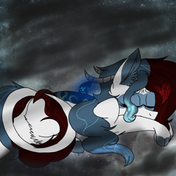 Size: 2560x2560 | Tagged: safe, artist:brokensilence, oc, oc only, oc:mira songheart, draconequus, chest fluff, cute, dark background, draconequified, feather, horns, sleeping, solo, species swap