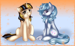 Size: 3513x2159 | Tagged: safe, artist:ilynalta, oc, oc only, oc:melodia, oc:paradox nebula, pony, unicorn, collaboration, duo, female, looking at you, mare, raised hoof, sitting, smiling