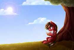 Size: 4487x2994 | Tagged: safe, artist:scarlet-spectrum, oc, oc only, pony, unicorn, absurd resolution, book, cloud, female, grass, mare, reading, sitting, sky, smiling, solo, sun, tree