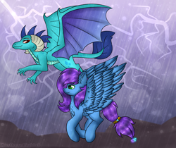 Size: 1024x860 | Tagged: safe, artist:northlights8, princess ember, oc, dragon, pegasus, pony, flying, lightning