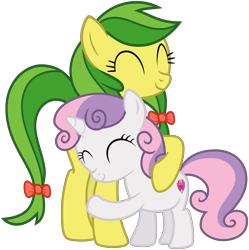 Size: 5000x5021 | Tagged: safe, artist:nano23823, apple fritter, sweetie belle, .svg available, absurd resolution, apple family member, hug, simple background, transparent background, vector