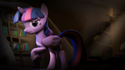 Size: 1920x1080 | Tagged: safe, artist:ferexes, twilight sparkle, twilight sparkle (alicorn), alicorn, pony, 3d, book, golden oaks library, raised hoof, solo