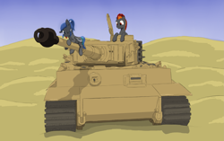 Size: 2843x1789 | Tagged: safe, artist:kpvt, oc, oc only, bat pony, pony, desert, tank (vehicle), tiger (tank), tongue out, weapon