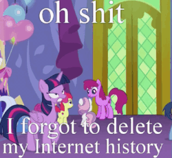 Size: 549x506 | Tagged: safe, edit, edited screencap, screencap, apple bloom, berry punch, berryshine, blues, noteworthy, scootaloo, sweetie belle, twilight sparkle, twilight sparkle (alicorn), alicorn, pony, celestial advice, animated, cropped, cutie mark crusaders, gif, image macro, internet history, meme, running, trotting, trotting in place, twilight's castle, vulgar
