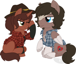 Size: 800x672 | Tagged: safe, artist:tambelon, pegasus, pony, unicorn, carl grimes, clothes, colt, crossover, ellie, female, filly, hat, male, ponified, shipping, shirt, straight, the last of us, the walking dead, video game, watermark