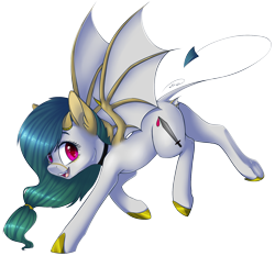 Size: 1696x1583 | Tagged: safe, artist:doekitty, oc, oc only, oc:viper, bat pony, pony, bat pony oc, devil tail, horns, simple background, solo, transparent background