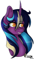 Size: 286x482 | Tagged: safe, artist:tamashia, oc, oc only, oc:midnight fairytale, pony, unicorn, bust, curved horn, portrait, simple background, solo, transparent background