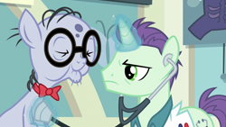 Size: 1280x720 | Tagged: safe, screencap, dr steth, mr. waddle, earth pony, pony, unicorn, on your marks, bowtie, doctor, duo, elderly, eyes closed, glasses, glowing horn, listening, liver spots, magic, male, stallion, stethoscope, telekinesis