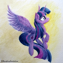 Size: 1000x1000 | Tagged: safe, artist:lollipony, twilight sparkle, twilight sparkle (alicorn), alicorn, pony, flying, solo, spread wings, traditional art, watercolor painting