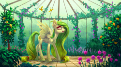 Size: 2953x1631 | Tagged: safe, artist:holivi, oc, oc only, oc:lemony light, bird, pegasus, pony, commission, female, flower, food, grapes, grapevine, greenhouse, image macro, lemon tree, looking up, mare, meme, smiling, solo, unshorn fetlocks