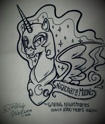 Size: 1074x1268 | Tagged: safe, artist:lorfis-aniu, nightmare moon, monochrome, solo, traditional art