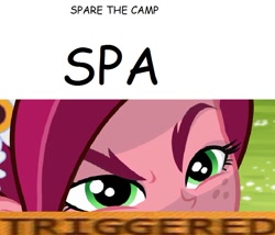 Size: 855x733 | Tagged: safe, artist:catkeweii, gloriosa daisy, equestria girls, exploitable meme, glorio-spa daisy, gloriosa doesn't like spas, meme, solo, spa, text, triggered