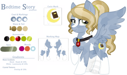 Size: 1024x606 | Tagged: safe, artist:tambelon, oc, oc only, oc:bedtime story, pegasus, pony, blaze (coat marking), female, jewelry, mare, pendant, piebald colouring, ponysona, reference sheet, socks (coat marking), solo, watermark