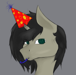 Size: 531x529 | Tagged: safe, artist:php2000, oc, oc only, oc:schurl miller, pony, unicorn, broken horn, cap, green eyes, happy, happy birthday, hat, solo